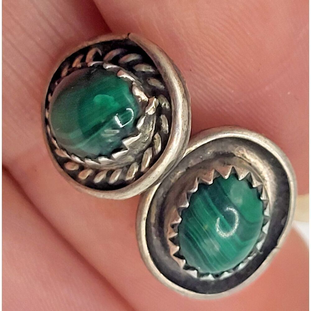 Vintage Malachite Sterling Silver Rope Wrap Style Stud Earrings 14mm